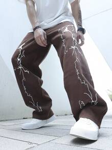 Manfinity Men Lightning Print Straight Leg Jeans - Coffee Brown - View 5