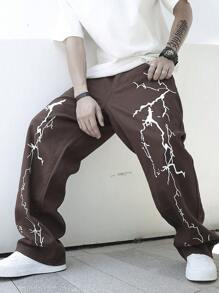 Manfinity Men Lightning Print Straight Leg Jeans - Coffee Brown - View 7