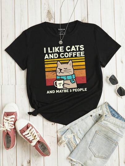 INAWLY Cartoon & Slogan Graphic Tee I LIKE CATS AND COFFEE AND MAYBE 3 PEOPLE Graphic Tees Women Tops