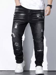 Manfinity EMRG Men Plus Ripped Frayed Bleach Wash Jeans Slim Fit Long Jean Cargo Plain Black Casual Size
