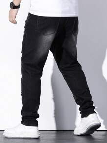 Manfinity EMRG Men Plus Ripped Frayed Bleach Wash Jeans Slim Fit Long Jean Cargo Plain Black Casual Size