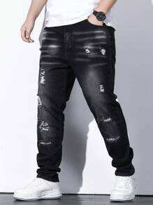 Manfinity EMRG Men Plus Ripped Frayed Bleach Wash Jeans Slim Fit Long Jean Cargo Plain Black Casual Size