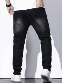 Manfinity EMRG Men Plus Ripped Frayed Bleach Wash Jeans Slim Fit Long Jean Cargo Plain Black Casual Size