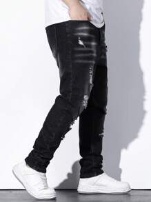Manfinity EMRG Men Plus Ripped Frayed Bleach Wash Jeans Slim Fit Long Jean Cargo Plain Black Casual Size