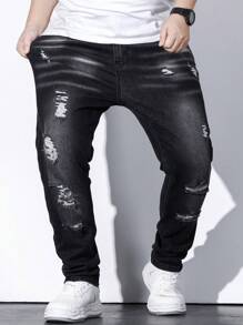Manfinity EMRG Men Plus Ripped Frayed Bleach Wash Jeans Slim Fit Long Jean Cargo Plain Black Casual Size
