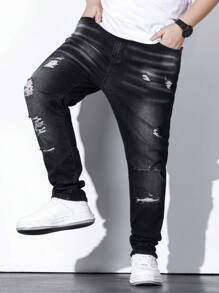 Manfinity EMRG Men Plus Ripped Frayed Bleach Wash Jeans Slim Fit Long Jean Cargo Plain Black Casual Size