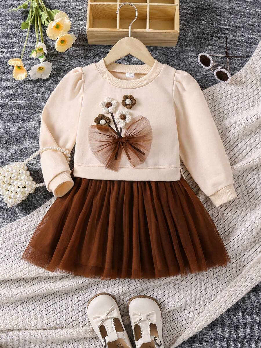 SHEIN Young Girl Floral Patched Bow Front Sweatshirt Dress - Multicolor - View 1