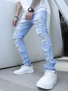 Manfinity LEGND Men Ripped Frayed Jeans - Light Wash - View 1