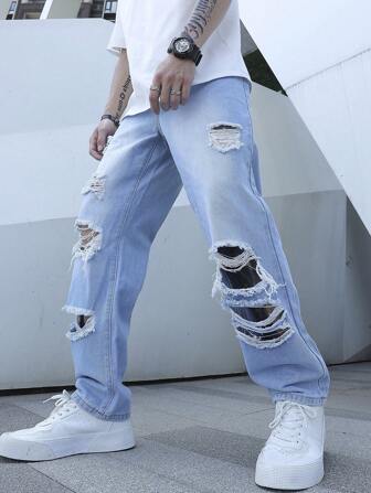 Guys Ripped Frayed Straight Leg Jeans