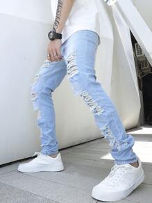 Manfinity LEGND Men Ripped Frayed Jeans - Light Wash - View 7