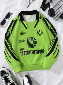 SHEIN Tween Girl Letter Graphic Contrast Collar Sweatshirt - Green - View 1