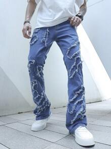 Manfinity EMRG 男士毛邊緣牛仔喇叭褲 - 淺色水洗藍 - 查看 5