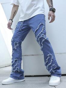 Manfinity EMRG 男士毛邊緣牛仔喇叭褲 - 淺色水洗藍 - 查看 7