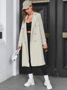 SHEIN Essnce Double Breasted Belted Trench Coat - Beige - View 4