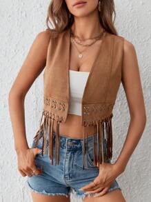 SHEIN VCAY 1pc Fringe Hem Open Front Suedette Vest Jacket - Camel - View 1