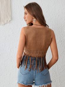 SHEIN VCAY 1pc Fringe Hem Open Front Suedette Vest Jacket - Camel - View 2
