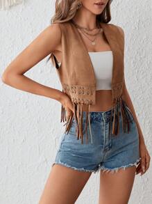 SHEIN VCAY 1pc Fringe Hem Open Front Suedette Vest Jacket - Camel - View 4