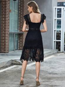 Eilly Bazar Ruffle Hem Lace Dress - Black - View 2