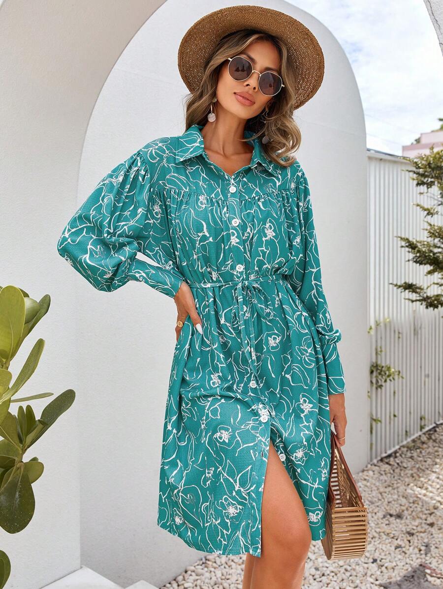EURMUSE Allover Print Belted Shirt Dress - Green - View 1