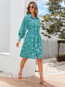 EURMUSE Allover Print Belted Shirt Dress - Green - View 3