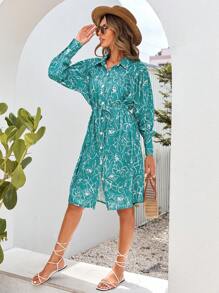 EURMUSE Allover Print Belted Shirt Dress - Green - View 5