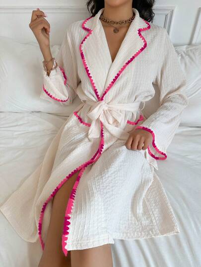 Contrast Binding Belted Lounge Robe