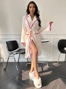 Contrast Binding Belted Lounge Robe