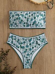 Swim Mod Conjunto bikini bandeau con diseño floral para playa en verano