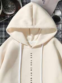 Manfinity Hypemode Men Slogan & Figure Graphic Kangaroo Pocket Drawstring Hoodie - Khaki - View 4