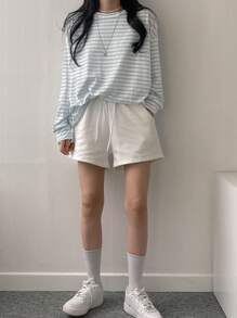 DAZY Striped Print Drop Shoulder Oversized Tee Long Sleeve Women Tops - Blue and White - View 4