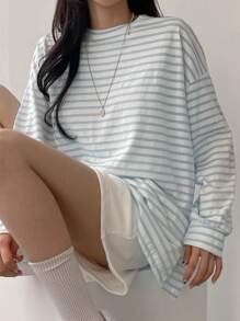 DAZY Striped Print Drop Shoulder Oversized Tee Long Sleeve Women Tops - Blue and White - View 5