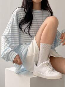 DAZY Striped Print Drop Shoulder Oversized Tee Long Sleeve Women Tops - Blue and White - View 6