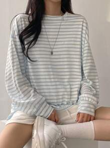 DAZY Striped Print Drop Shoulder Oversized Tee Long Sleeve Women Tops - Blue and White - View 7
