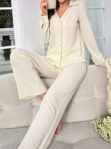 SHEIN X GiudiceGirls Solid Button Front Shirt & Wide Leg Pants Lounge Set - Apricot - View 1