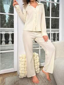 SHEIN X GiudiceGirls Solid Button Front Shirt & Wide Leg Pants Lounge Set - Apricot - View 4