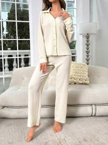 SHEIN X GiudiceGirls Solid Button Front Shirt & Wide Leg Pants Lounge Set - Apricot - View 5