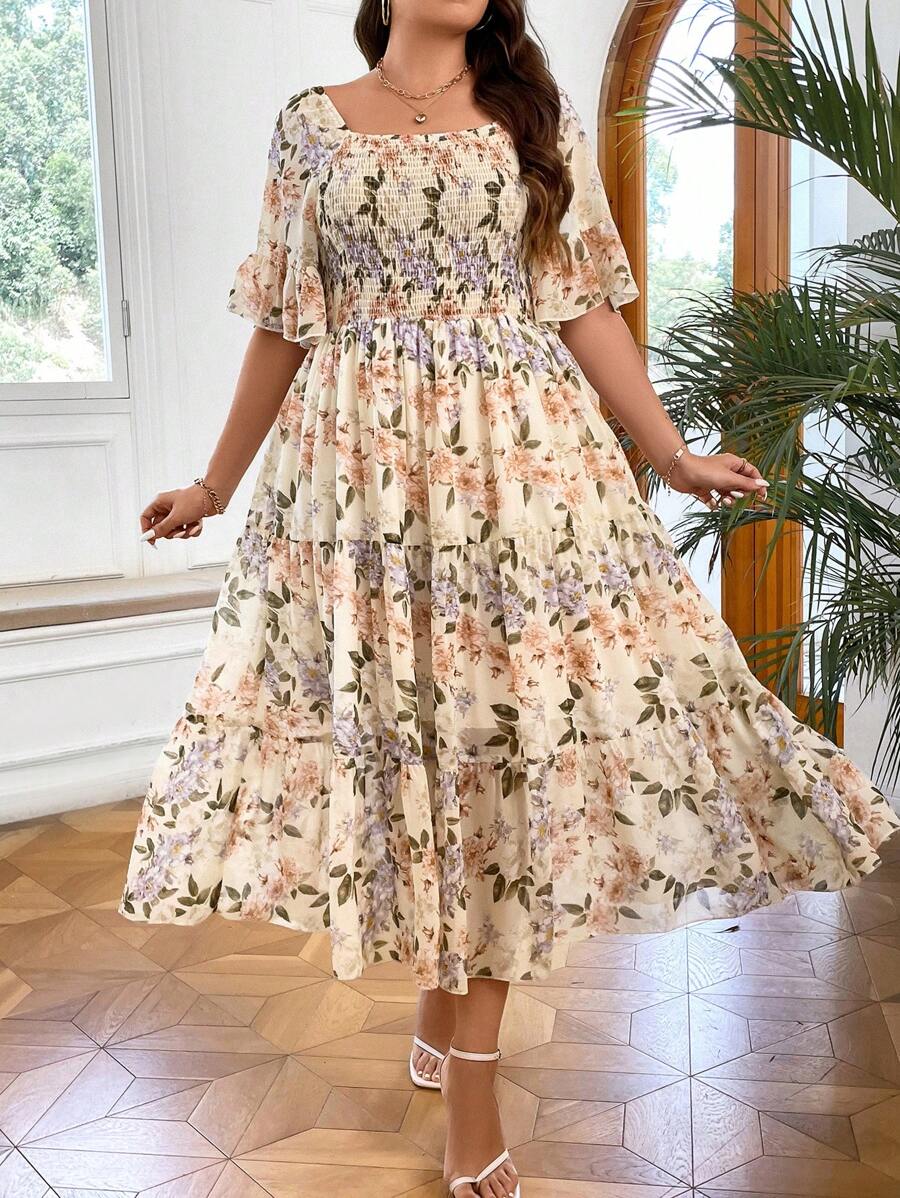 SHEIN LUNE Váy Boho họa tiết hoa tay bèo nhún viền bèo mùa hè cho nữ - Màu be - Xem 1