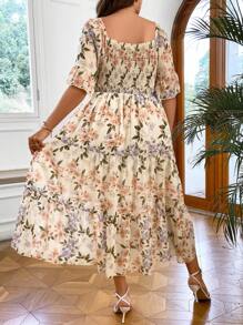 SHEIN LUNE Váy Boho họa tiết hoa tay bèo nhún viền bèo mùa hè cho nữ - Màu be - Xem 2