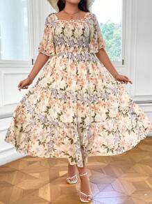 SHEIN LUNE Váy Boho họa tiết hoa tay bèo nhún viền bèo mùa hè cho nữ - Màu be - Xem 4