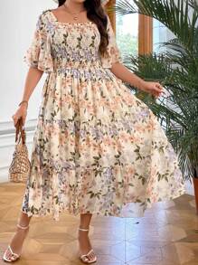 SHEIN LUNE Váy Boho họa tiết hoa tay bèo nhún viền bèo mùa hè cho nữ - Màu be - Xem 6