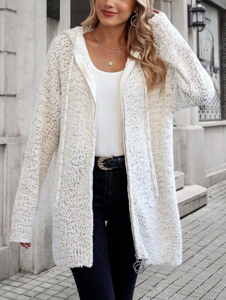 SHEIN LUNE Drop Shoulder Drawstring Hooded Cardigan - Beige - View 1