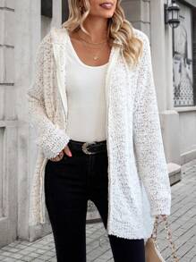 SHEIN LUNE Drop Shoulder Drawstring Hooded Cardigan - Beige - View 3
