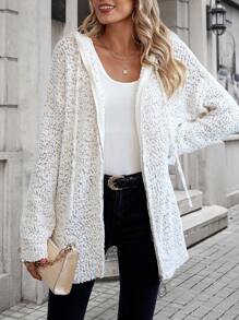 SHEIN LUNE Drop Shoulder Drawstring Hooded Cardigan - Beige - View 5