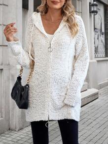 SHEIN LUNE Drop Shoulder Drawstring Hooded Cardigan - Beige - View 6