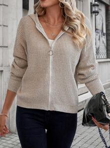 SHEIN LUNE Áo khoác cardigan trùm đầu thả vai - Màu be - Xem 6