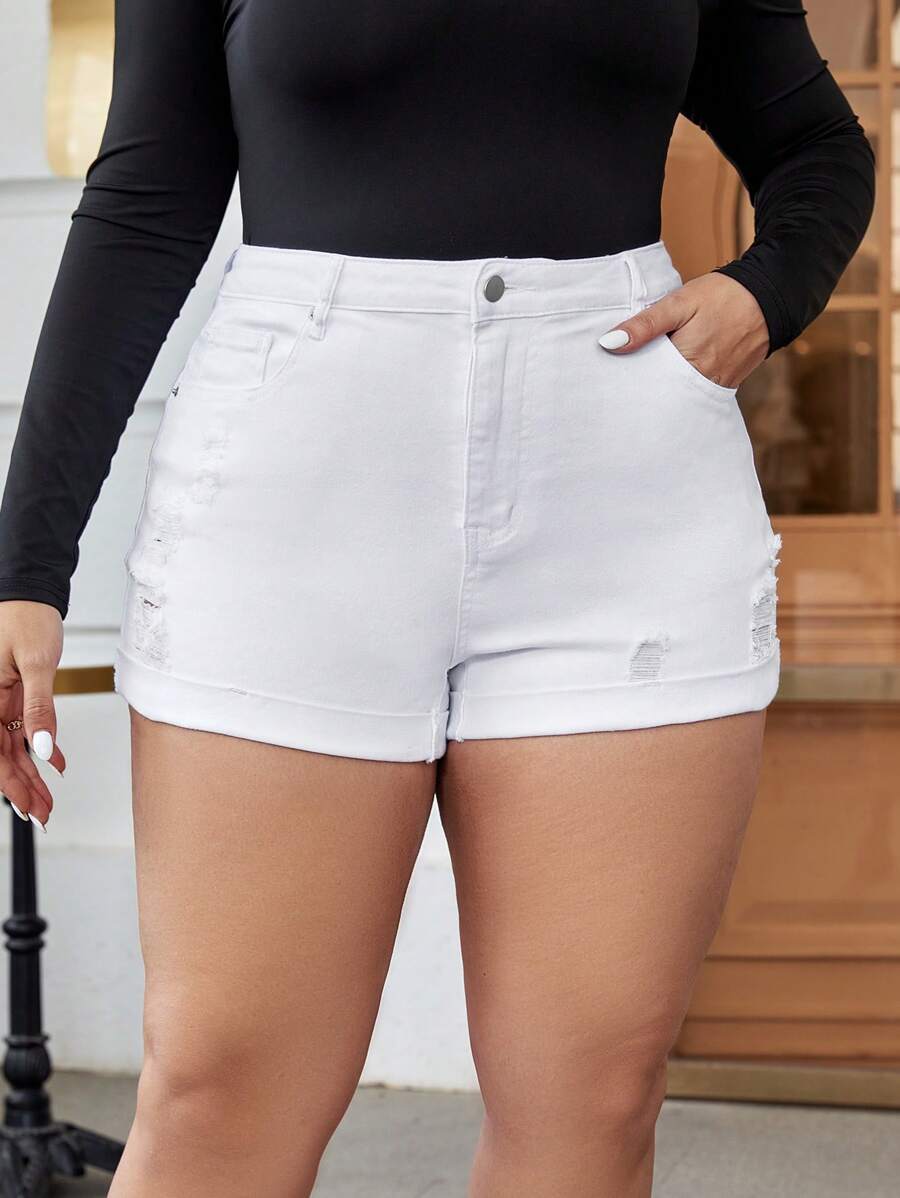 SHEIN Frenchy Plus Ripped Roll Up Hem Denim Shorts - White - View 1