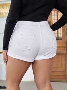 SHEIN Frenchy Plus Ripped Roll Up Hem Denim Shorts - White - View 2
