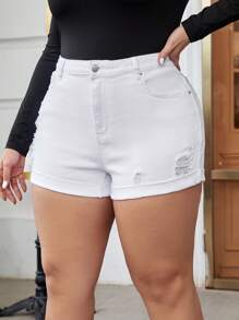 SHEIN Frenchy Plus Ripped Roll Up Hem Denim Shorts - White - View 3
