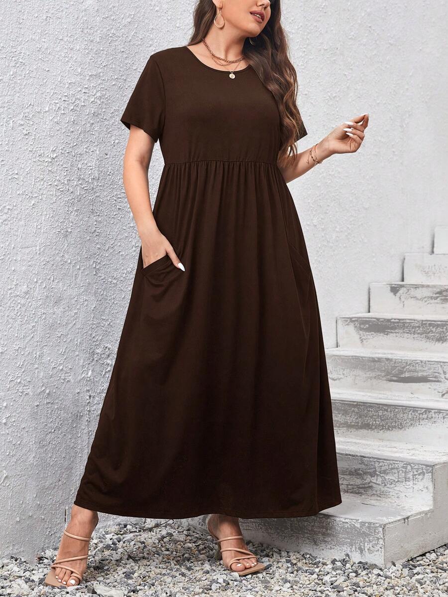 SHEIN Essnce Plus Solid Pocket Detail A-line Dress - Brown - View 1