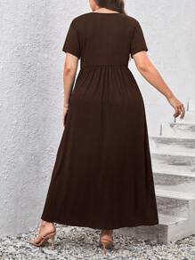 SHEIN Essnce Plus Solid Pocket Detail A-line Dress - Brown - View 2